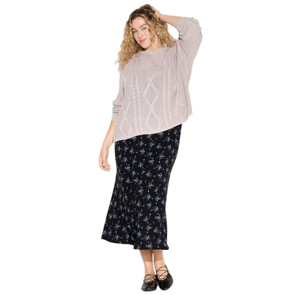 Wild Fable Women's Black Floral Lace Trim Midi Skirt Size XXL